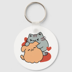 Adorable Cat and Dog Hug – Meow & Woof Design Key Ring