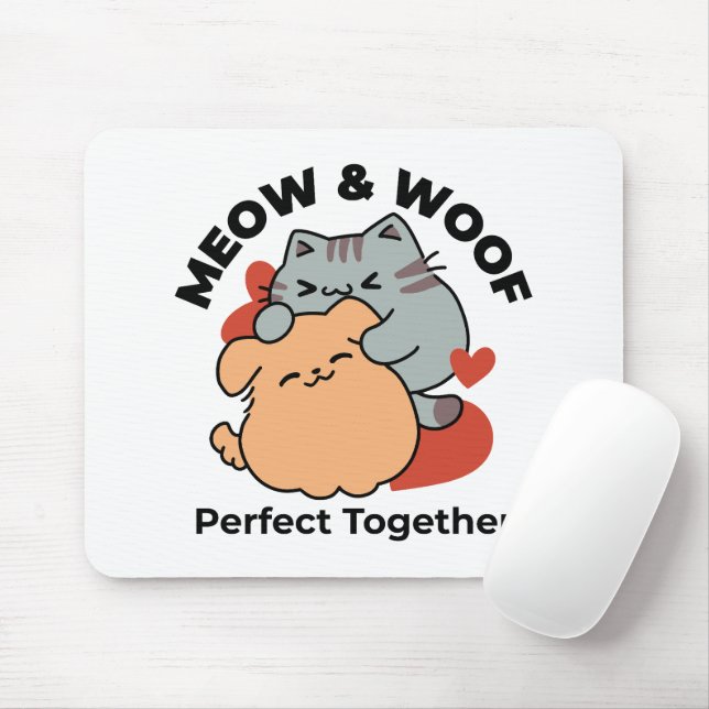 Adorable Cat and Dog Hug – Meow & Woof Design Mouse Pad (With Mouse)