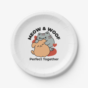 Adorable Cat and Dog Hug – Meow & Woof Design Paper Plate