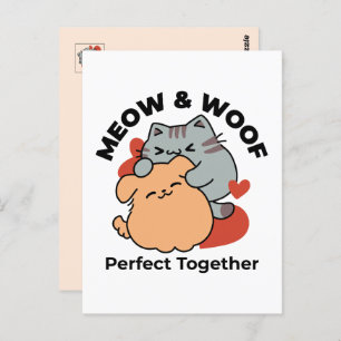 Adorable Cat and Dog Hug – Meow & Woof Design Postcard
