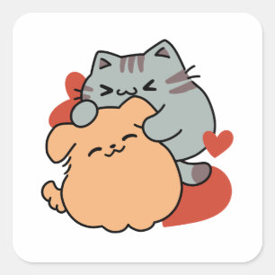 Adorable Cat and Dog Hug – Meow & Woof Design Square Sticker