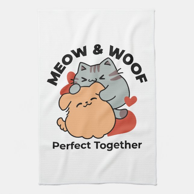 Adorable Cat and Dog Hug – Meow & Woof Design Tea Towel (Vertical)