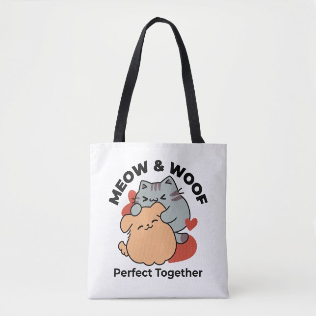 Adorable Cat and Dog Hug – Meow & Woof Design Tote Bag (Front)