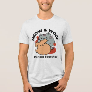 Adorable Cat and Dog Hug – Meow & Woof Design Tri-Blend Shirt