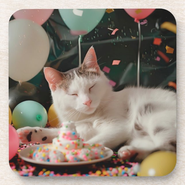 Adorable Cat Birthday Celebration Design Coaster (Front)