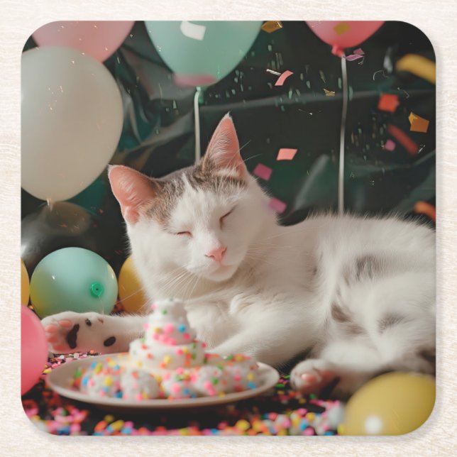 Adorable Cat Birthday Celebration Design Square Paper Coaster (Front)