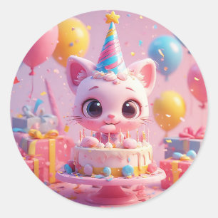 Adorable Cat Birthday Celebration Festive Gift 🎂✨ Classic Round Sticker