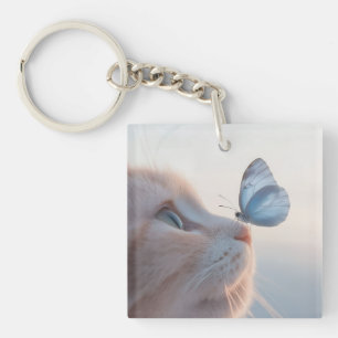 Adorable Cat & Blue Butterfly Key Ring