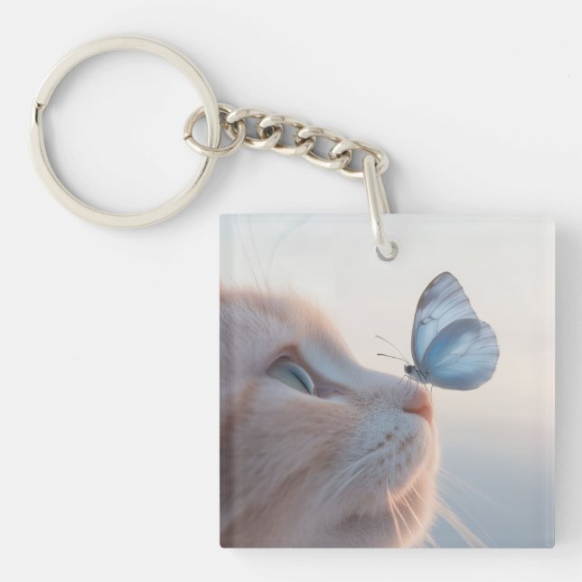 Adorable Cat & Blue Butterfly  Key Ring (Front)