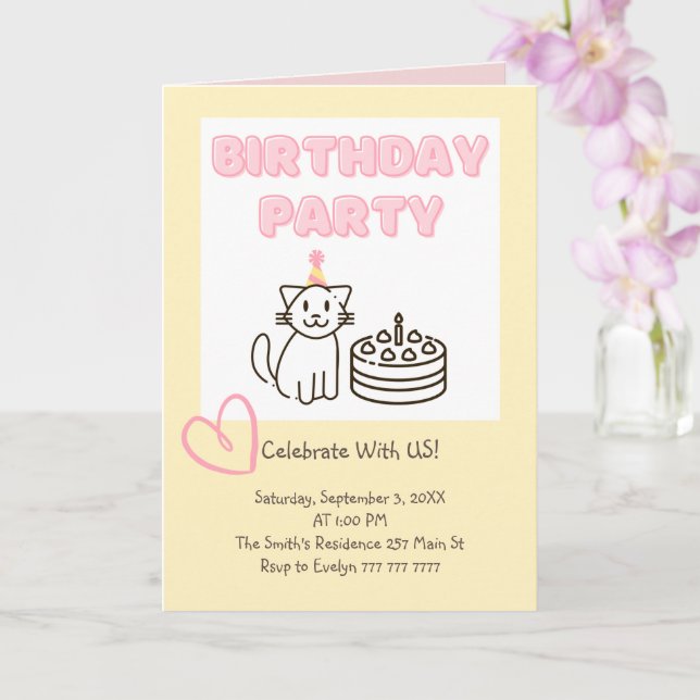 Adorable Cat&Cake Birthday Invitation  (Orchid)