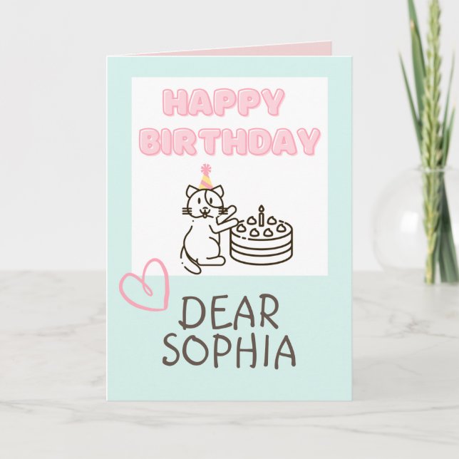Adorable Cat&Cake Happy Birthday  Card (Front)