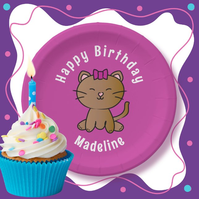 Adorable Cat Cartoon Personalised Funny Birthday Paper Plate (Creator Uploaded)