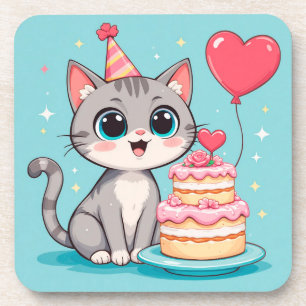 Adorable Cat Celebrating Birthday with Cake Coaster