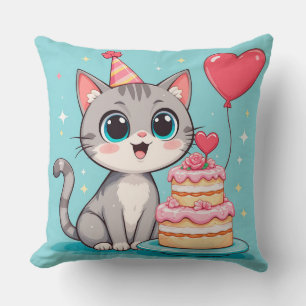 Adorable Cat Celebrating Birthday with Cake Cushion