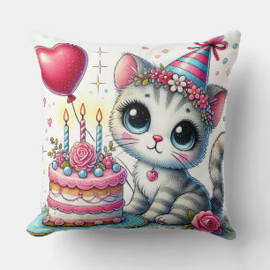 Adorable Cat Celebrating Birthday with Cake Cushion