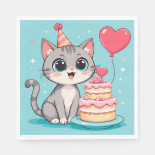 Adorable Cat Celebrating Birthday with Cake Napkin