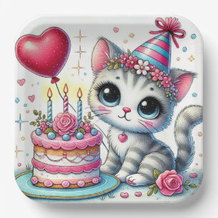 Adorable Cat Celebrating Birthday with Cake Paper Plate