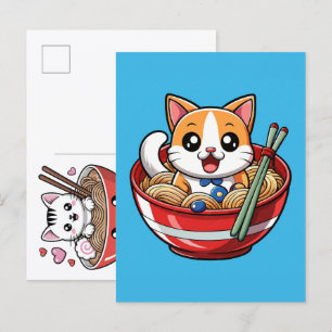 Adorable Cat Enjoying Savory Ramen Noodles Feast Holiday Postcard