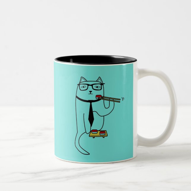 Adorable Cat Enjoying Sushi Two-Tone Coffee Mug (Right)