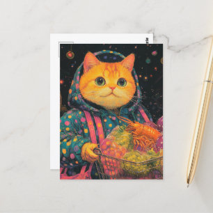 Adorable Cat Grocery Shopping in Polka Dot Jacket Postcard