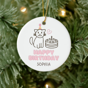 Adorable Cat in a Birthday Hat  Ceramic Ornament