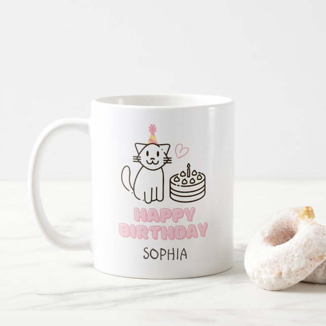 Adorable Cat in a Birthday Hat  Coffee Mug (With Donut)