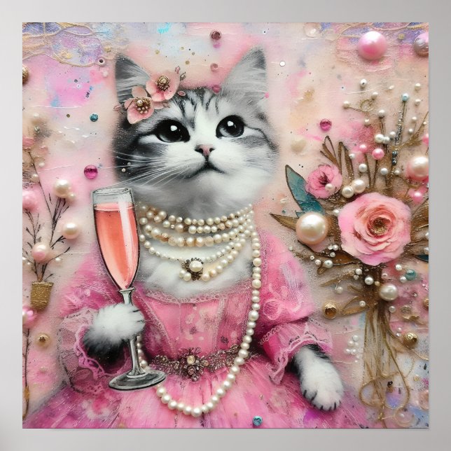 Adorable Cat in a Pink Dress With Pearls  Poster (Front)