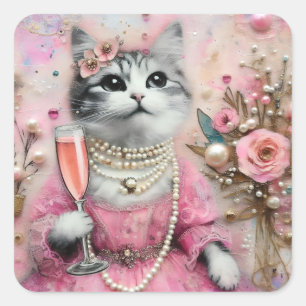 Adorable Cat in a Pink Dress With Pearls  Square Sticker