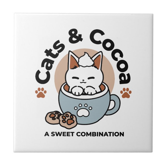 Adorable Cat in Mug Holiday Design - Cat & Cocoa Ceramic Tile (Front)