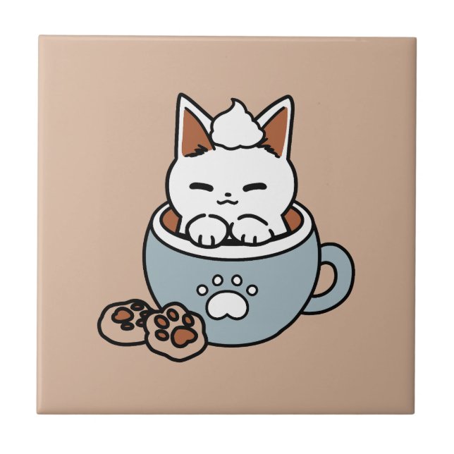 Adorable Cat in Mug Holiday Design - Cat & Cocoa Ceramic Tile (Front)