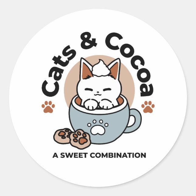 Adorable Cat in Mug Holiday Design - Cat & Cocoa Classic Round Sticker (Front)