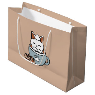 Adorable Cat in Mug Holiday Design - Cat & Cocoa Large Gift Bag