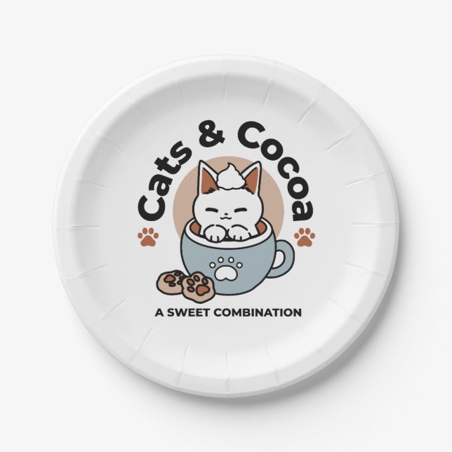 Adorable Cat in Mug Holiday Design - Cat & Cocoa Paper Plate (Front)