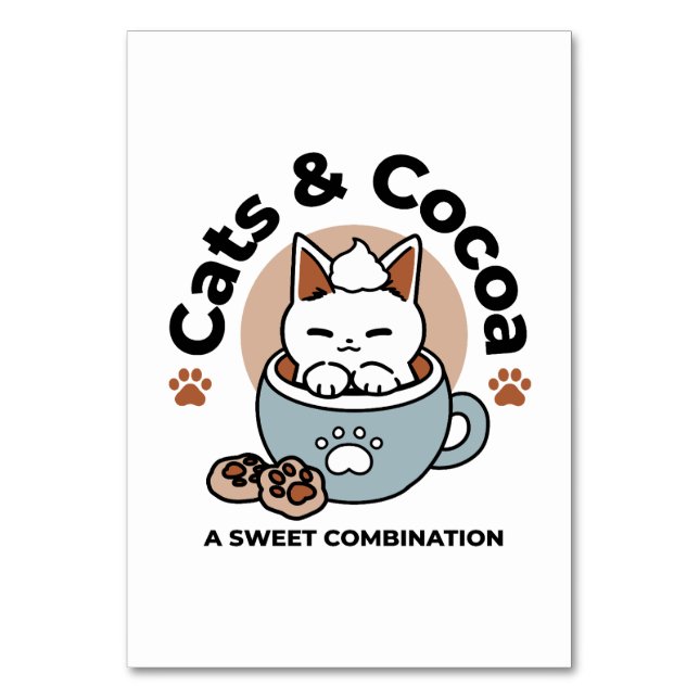Adorable Cat in Mug Holiday Design - Cat & Cocoa Table Number (Front)