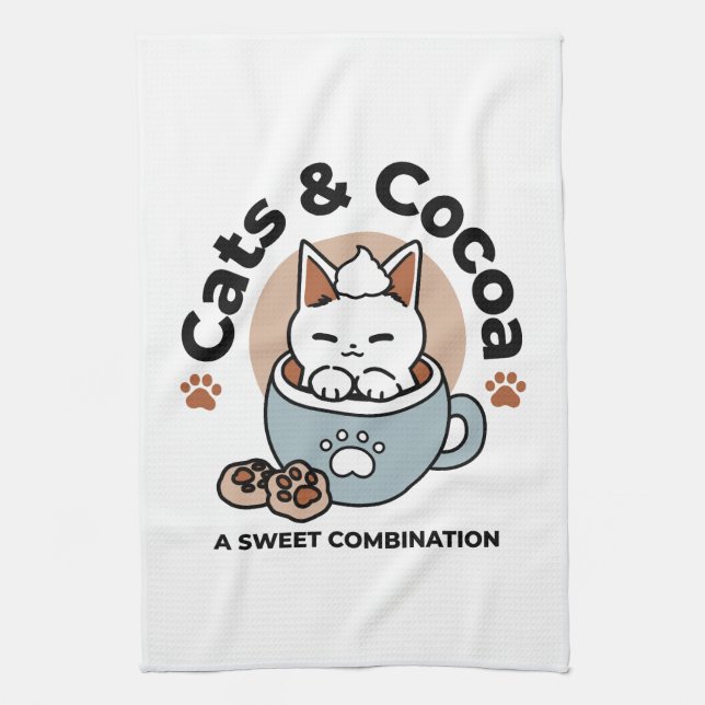 Adorable Cat in Mug Holiday Design - Cat & Cocoa Tea Towel (Vertical)
