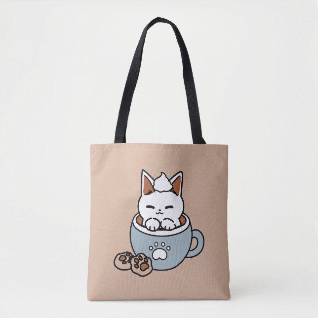 Adorable Cat in Mug Holiday Design - Cat & Cocoa Tote Bag (Front)