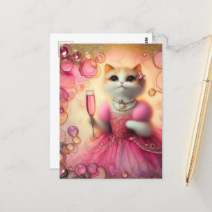 Adorable Cat in Pink and Pearls With Drink In Hand Postcard