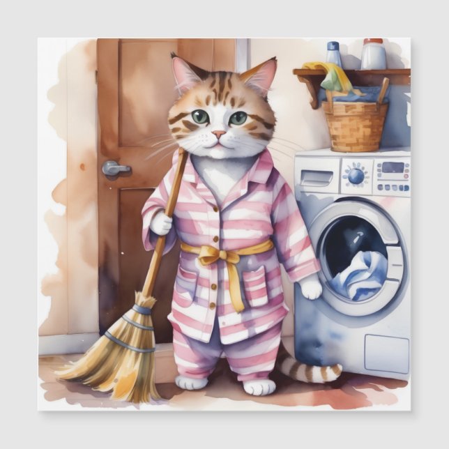 Adorable Cat in Pyjamas Doing Laundry Funny  (Front)