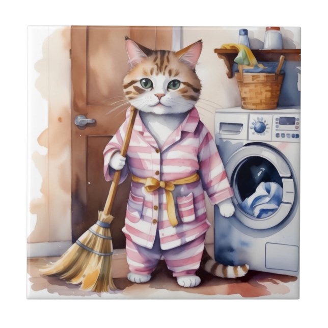Adorable Cat in Pyjamas Doing Laundry Funny  Ceramic Tile (Front)