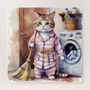 Adorable Cat in Pyjamas Doing Laundry Funny  Jigsaw Puzzle