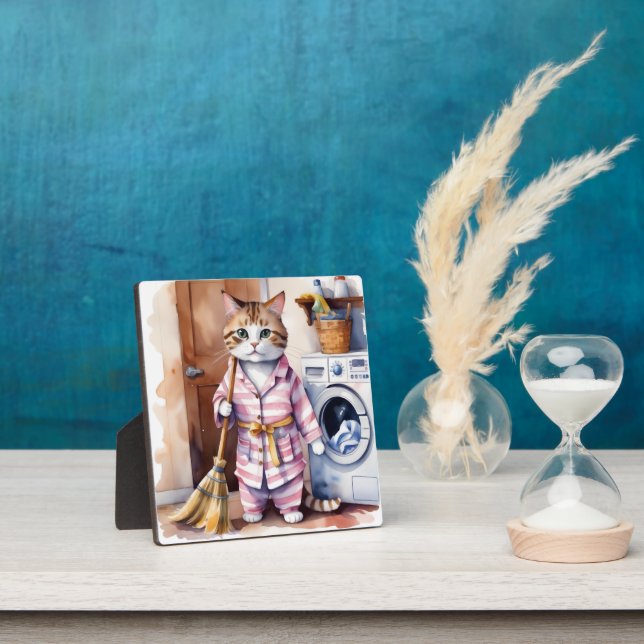 Adorable Cat in Pyjamas Doing Laundry Funny  Plaque (Insitu)