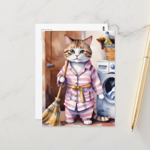 Adorable Cat in Pyjamas Doing Laundry Funny  Postcard
