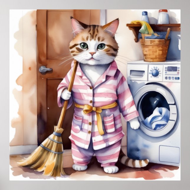 Adorable Cat in Pyjamas Doing Laundry Funny  Poster (Front)