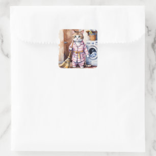 Adorable Cat in Pyjamas Doing Laundry Funny  Square Sticker