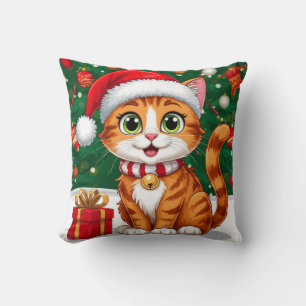 Adorable Cat in Santa Hat with Gift Cushion