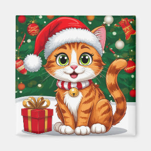 Adorable Cat in Santa Hat with Gift Magnet