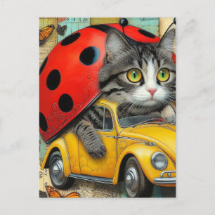 Adorable Cat Ladybug Hybrid Driving a Car Collage Postcard