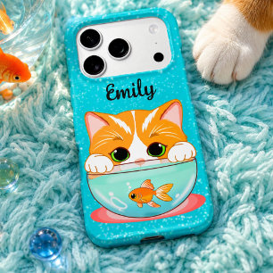 Adorable Cat Looking into Goldfish Bowl With Name