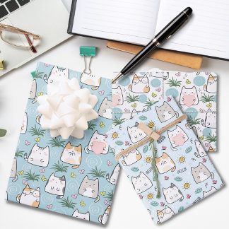 Adorable Cat Love Blue Themed Wrapping Paper Sheet