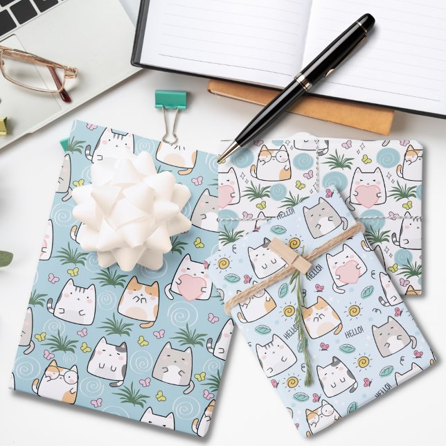 Adorable Cat Love Blue Themed Wrapping Paper Sheet (Creator Uploaded)